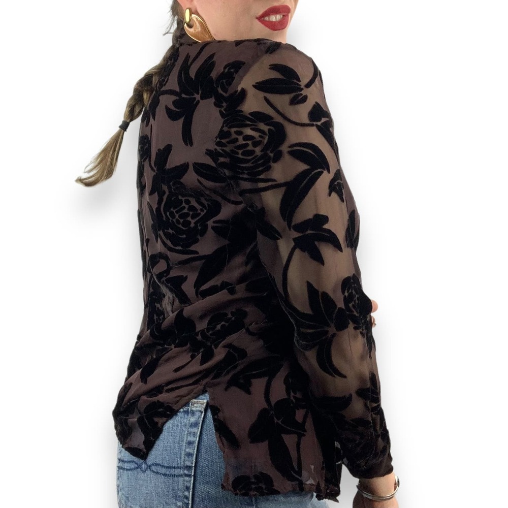 90's brown silk button down blouse with black velvet roses and sheer sleeves - Picture 14 of 16
